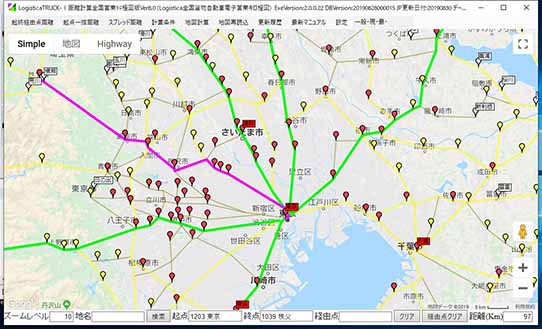 全国貨物自動車営業キロ程図、デジタル道路地図から距離運賃運賃を計算